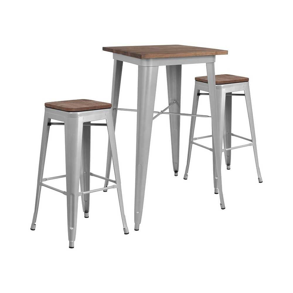 23.5" Square Silver Metal Bar Table Set with Wood Top and 2 Backless Stools