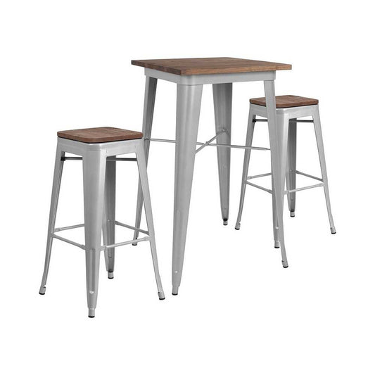 23.5" Square Silver Metal Bar Table Set with Wood Top and 2 Backless Stools