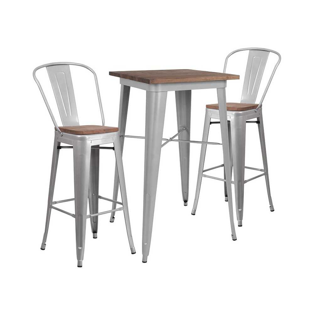 23.5" Square Silver Metal Bar Table Set with Wood Top and 2 Stools