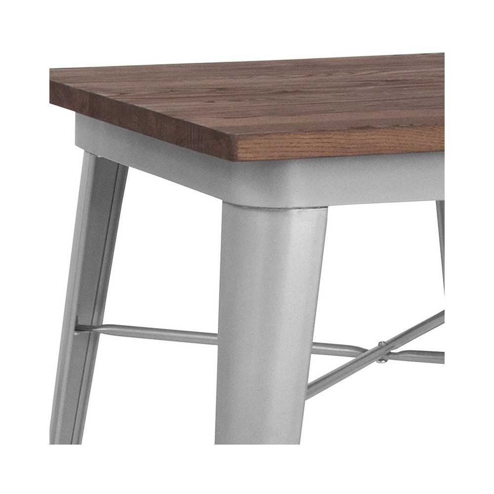 23.5" Square Silver Metal Indoor Table with Walnut Rustic Wood Top