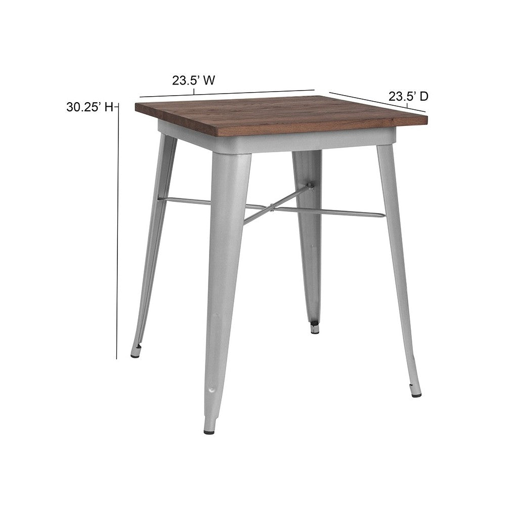 23.5" Square Silver Metal Indoor Table with Walnut Rustic Wood Top