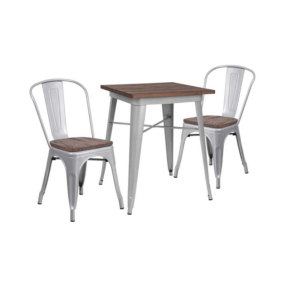 23.5" Square Silver Metal Table Set with Wood Top and 2 Stack Chairs