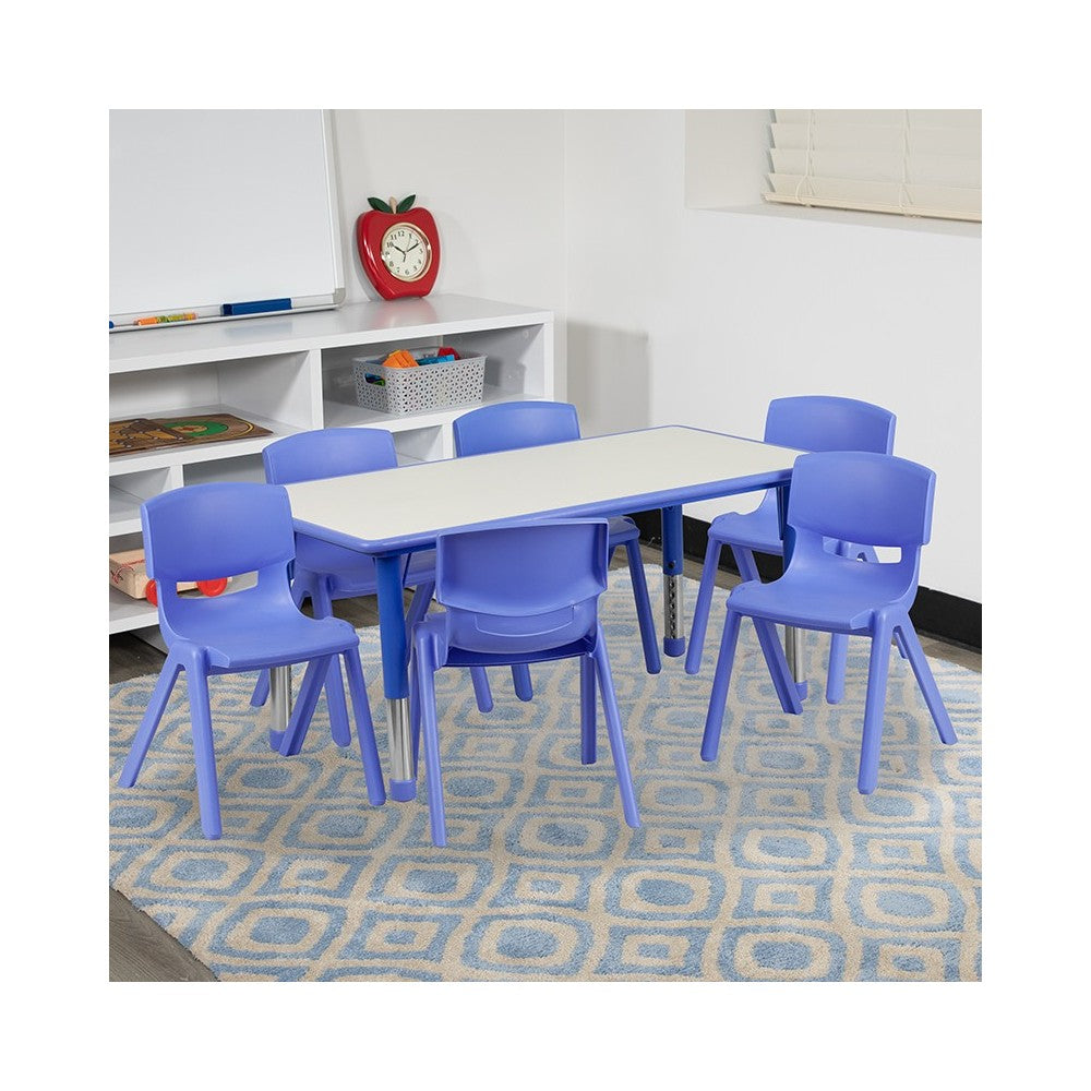 23.625''W x 47.25''L Rectangular Blue Plastic Height Adjustable Activity Table Set with 6 Chairs