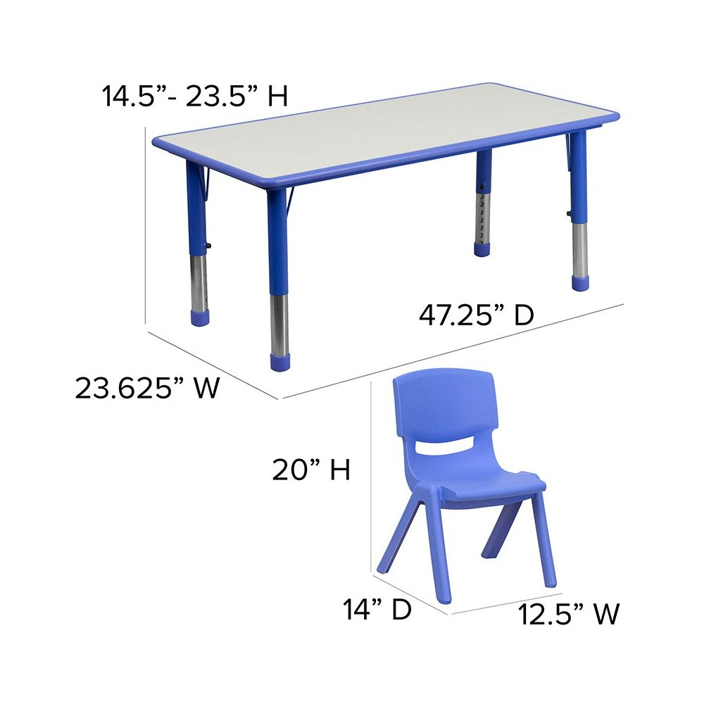 23.625''W x 47.25''L Rectangular Blue Plastic Height Adjustable Activity Table Set with 6 Chairs