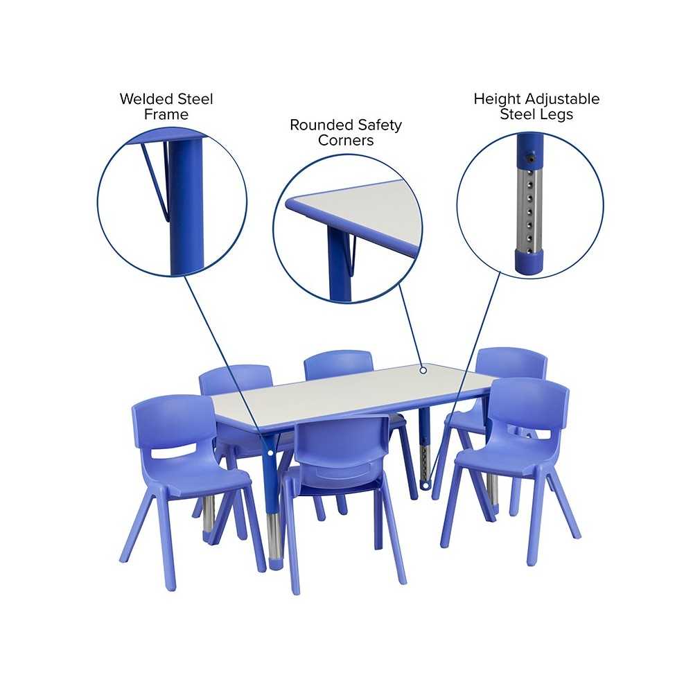 23.625''W x 47.25''L Rectangular Blue Plastic Height Adjustable Activity Table Set with 6 Chairs