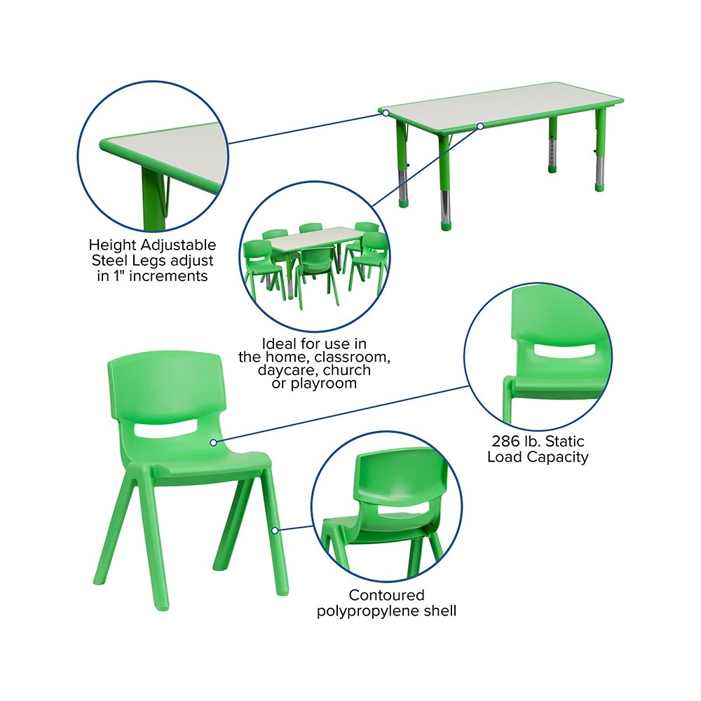 23.625''W x 47.25''L Rectangular Green Plastic Height Adjustable Activity Table Set with 6 Chairs