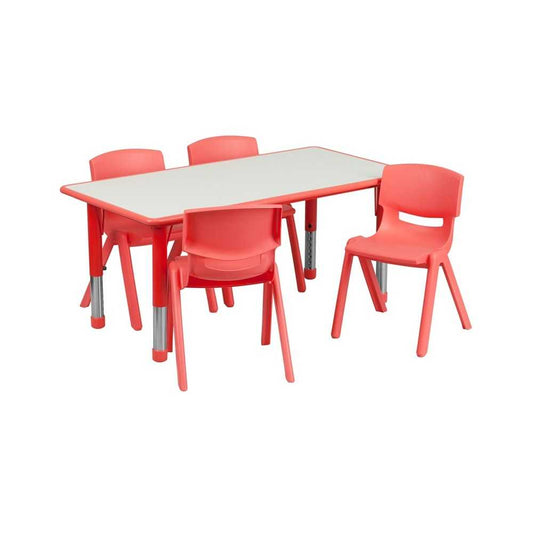 23.625''W x 47.25''L Rectangular Red Plastic Height Adjustable Activity Table Set with 4 Chairs