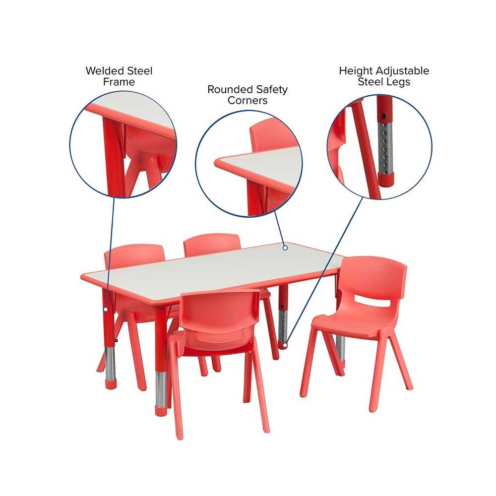 23.625''W x 47.25''L Rectangular Red Plastic Height Adjustable Activity Table Set with 4 Chairs