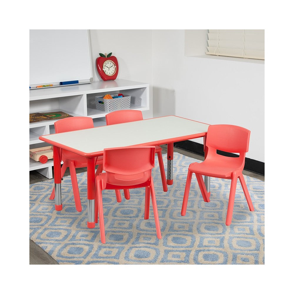 23.625''W x 47.25''L Rectangular Red Plastic Height Adjustable Activity Table Set with 4 Chairs