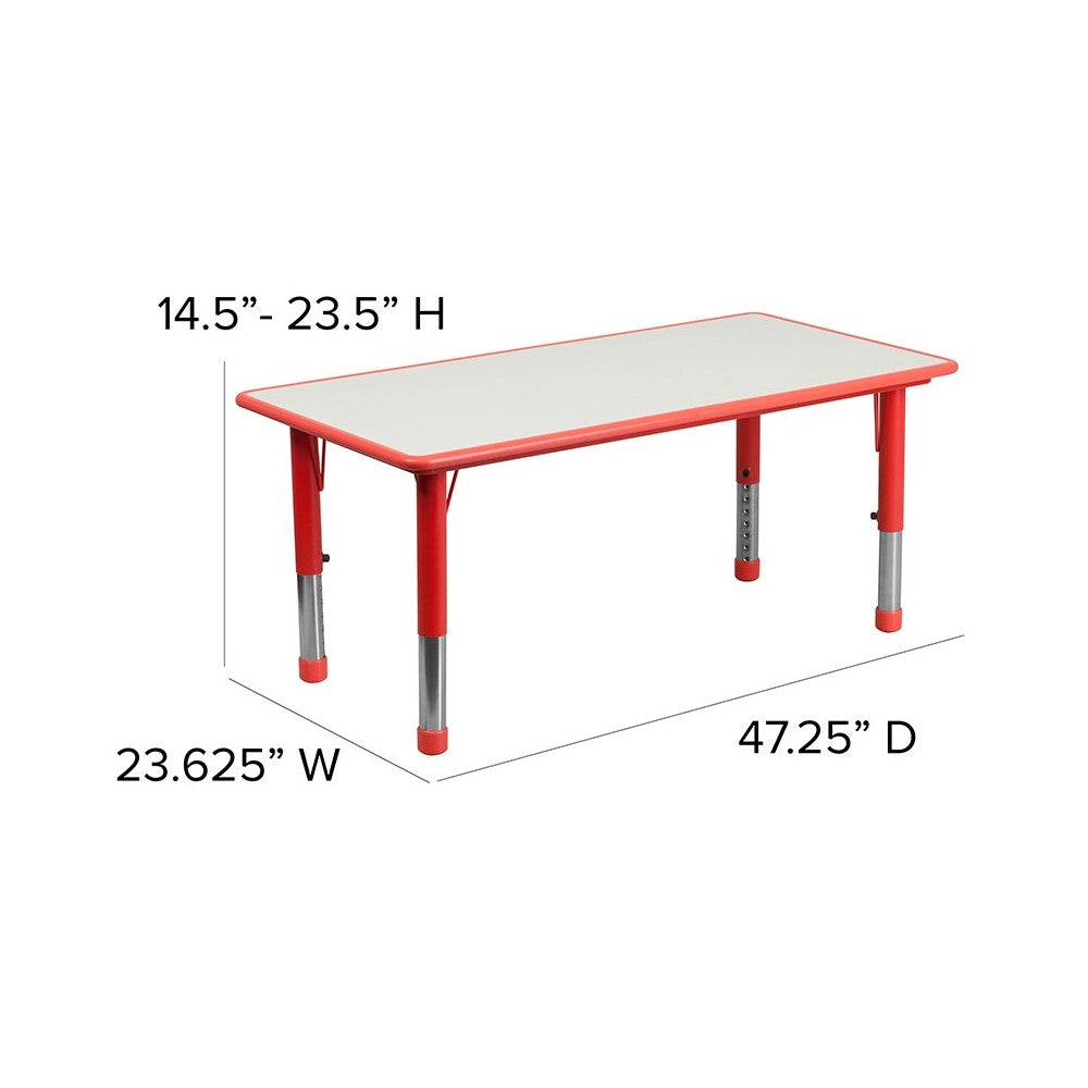 23.625''W x 47.25''L Rectangular Red Plastic Height Adjustable Activity Table Set with 4 Chairs