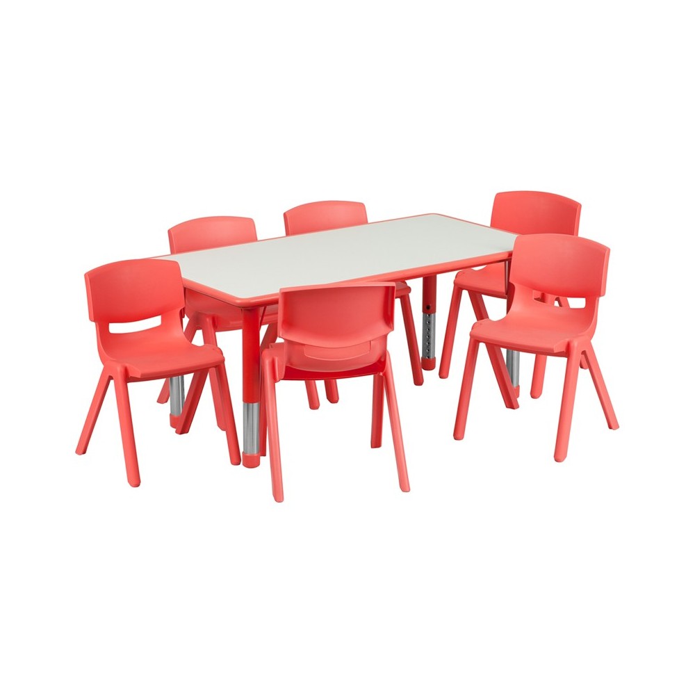 23.625''W x 47.25''L Rectangular Red Plastic Height Adjustable Activity Table Set with 6 Chairs