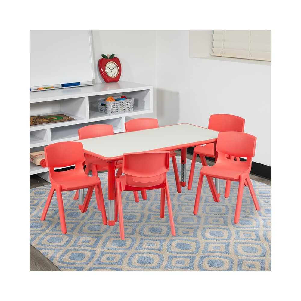 23.625''W x 47.25''L Rectangular Red Plastic Height Adjustable Activity Table Set with 6 Chairs