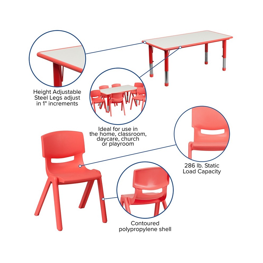 23.625''W x 47.25''L Rectangular Red Plastic Height Adjustable Activity Table Set with 6 Chairs