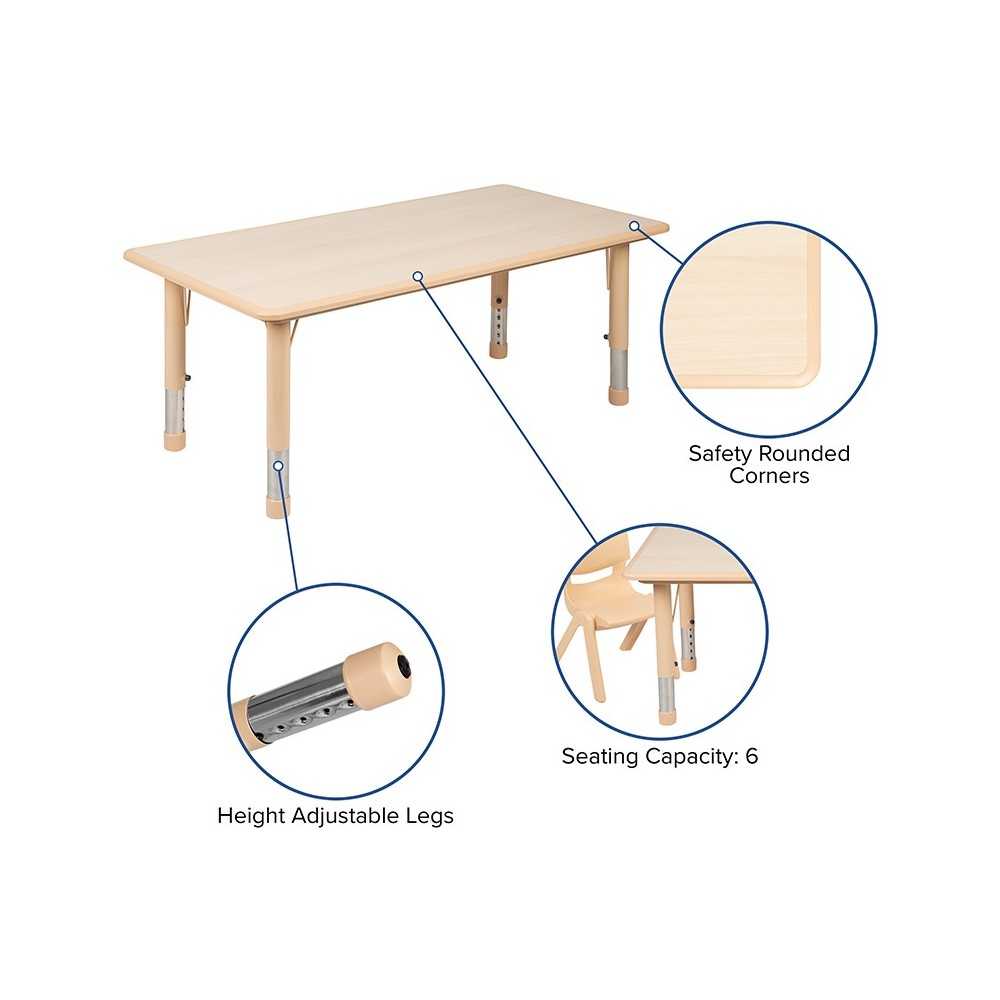 23.625"W x 47.25"L Rectangular Natural Plastic Height Adjustable Activity Table Set with 6 Chairs