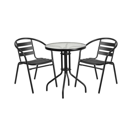23.75'' Round Glass Metal Table with 2 Black Metal Aluminum Slat Stack Chairs