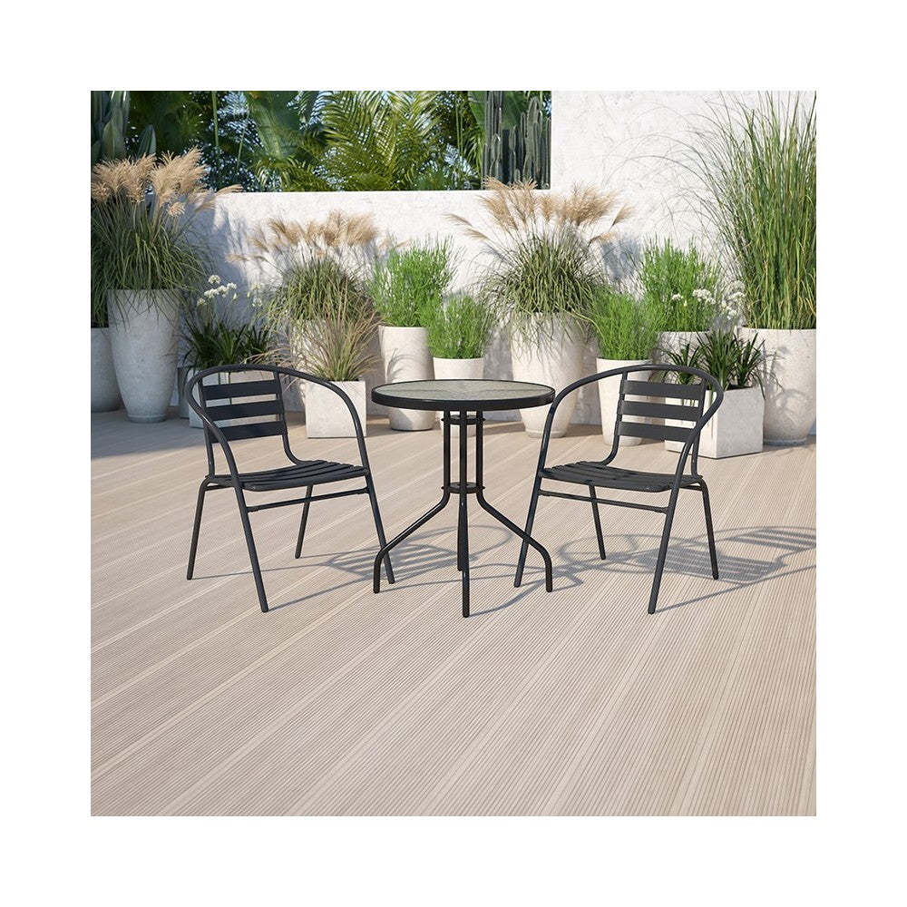 23.75'' Round Glass Metal Table with 2 Black Metal Aluminum Slat Stack Chairs