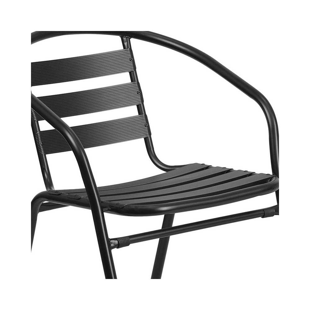 23.75'' Round Glass Metal Table with 2 Black Metal Aluminum Slat Stack Chairs