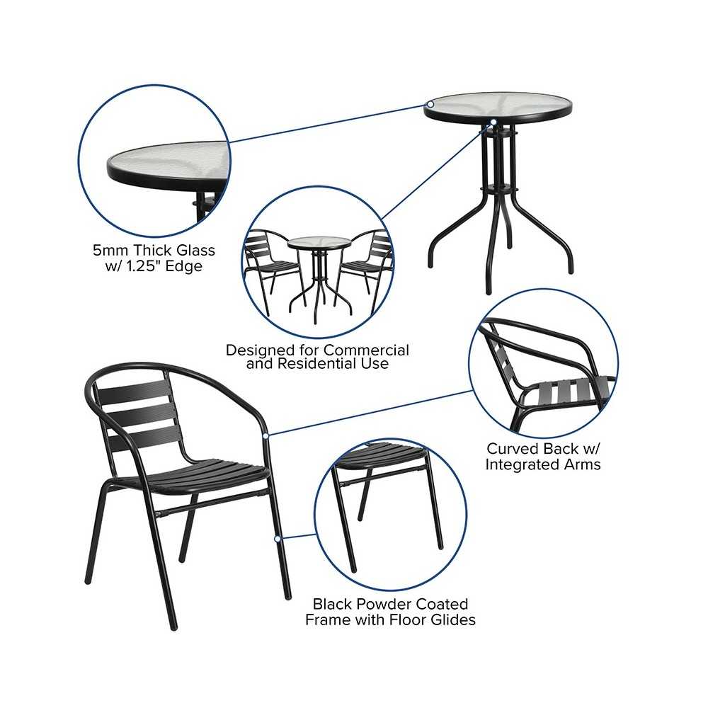 23.75'' Round Glass Metal Table with 2 Black Metal Aluminum Slat Stack Chairs