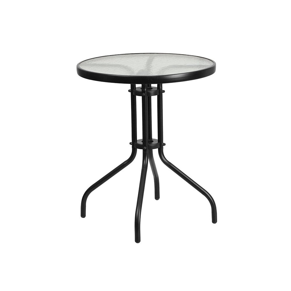 23.75'' Round Glass Metal Table with 2 Black Metal Aluminum Slat Stack Chairs
