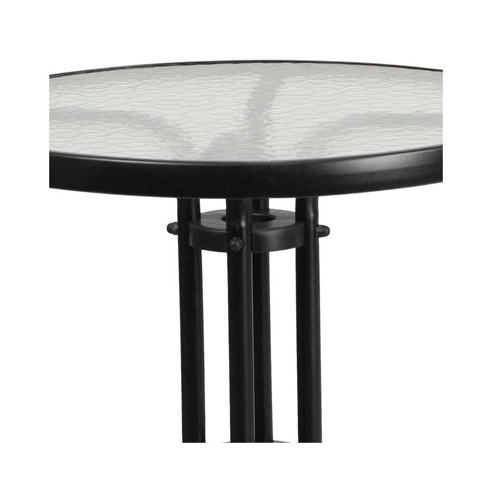 23.75'' Round Glass Metal Table with 2 Black Metal Aluminum Slat Stack Chairs