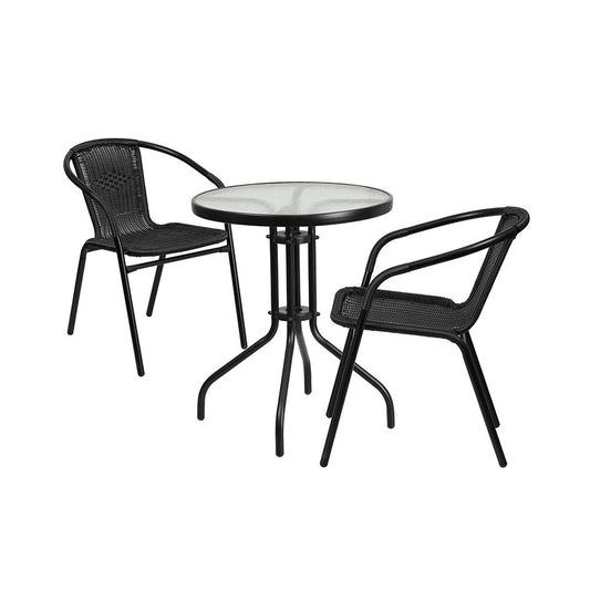 23.75'' Round Glass Metal Table with 2 Black Rattan Stack Chairs