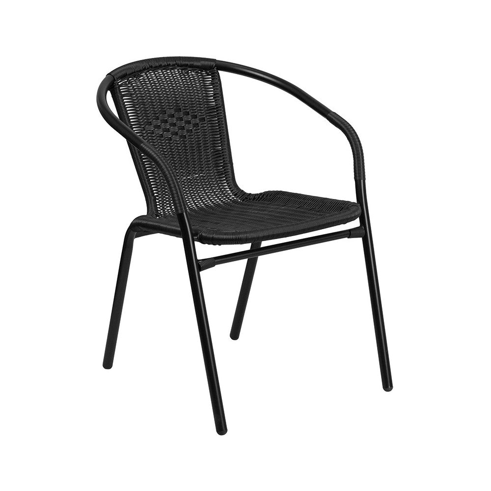 23.75'' Round Glass Metal Table with 2 Black Rattan Stack Chairs