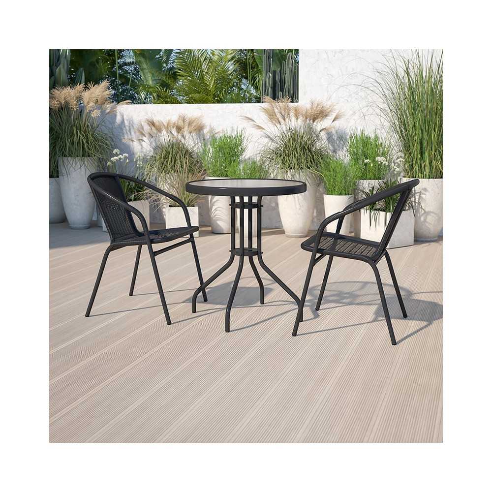 23.75'' Round Glass Metal Table with 2 Black Rattan Stack Chairs