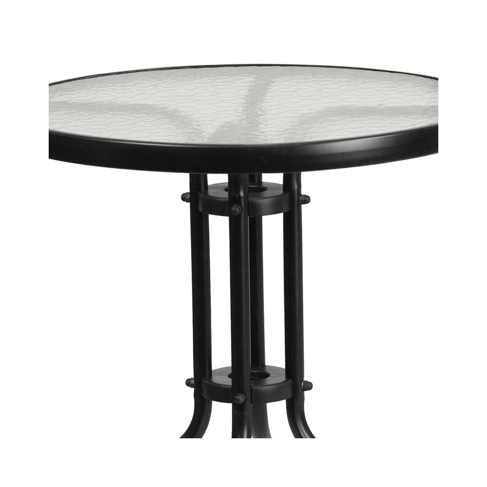 23.75'' Round Glass Metal Table with 2 Black Rattan Stack Chairs