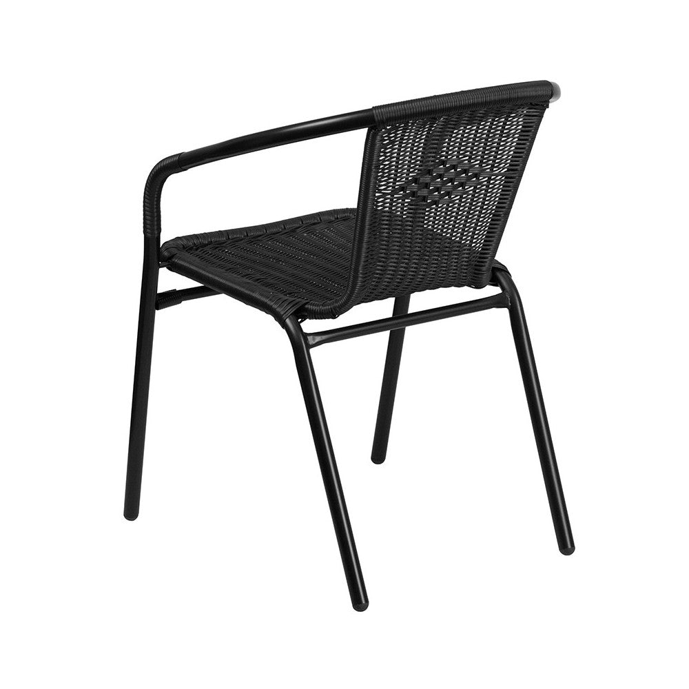 23.75'' Round Glass Metal Table with 2 Black Rattan Stack Chairs