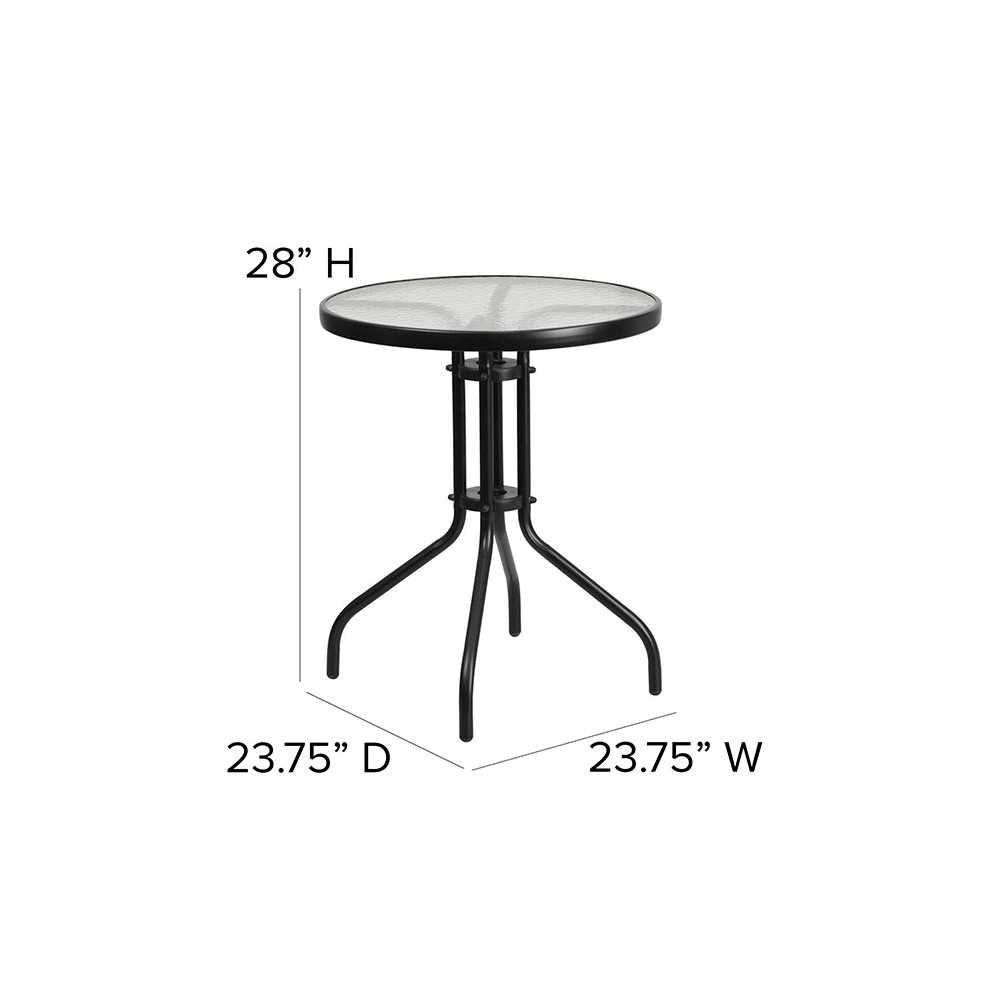 23.75'' Round Glass Metal Table with 2 Black Rattan Stack Chairs