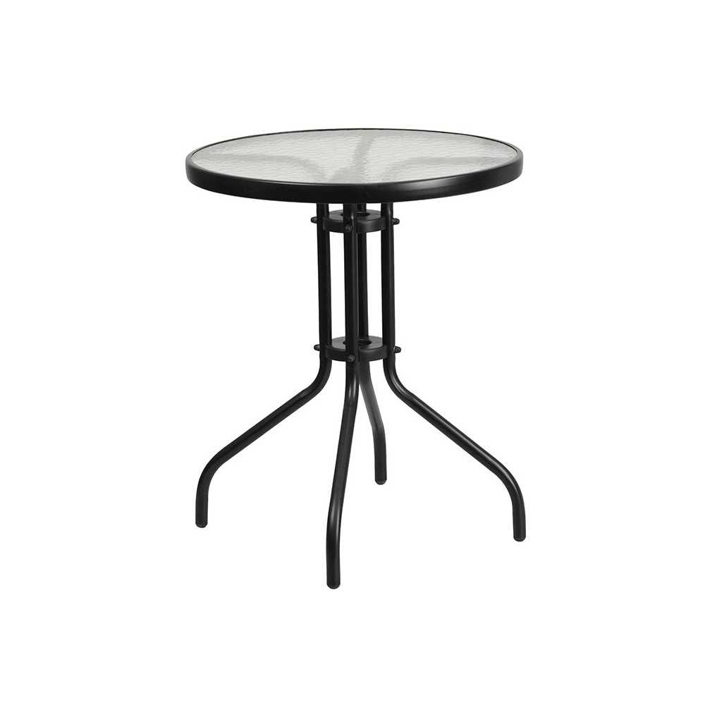 23.75'' Round Glass Metal Table with 2 Black Rattan Stack Chairs