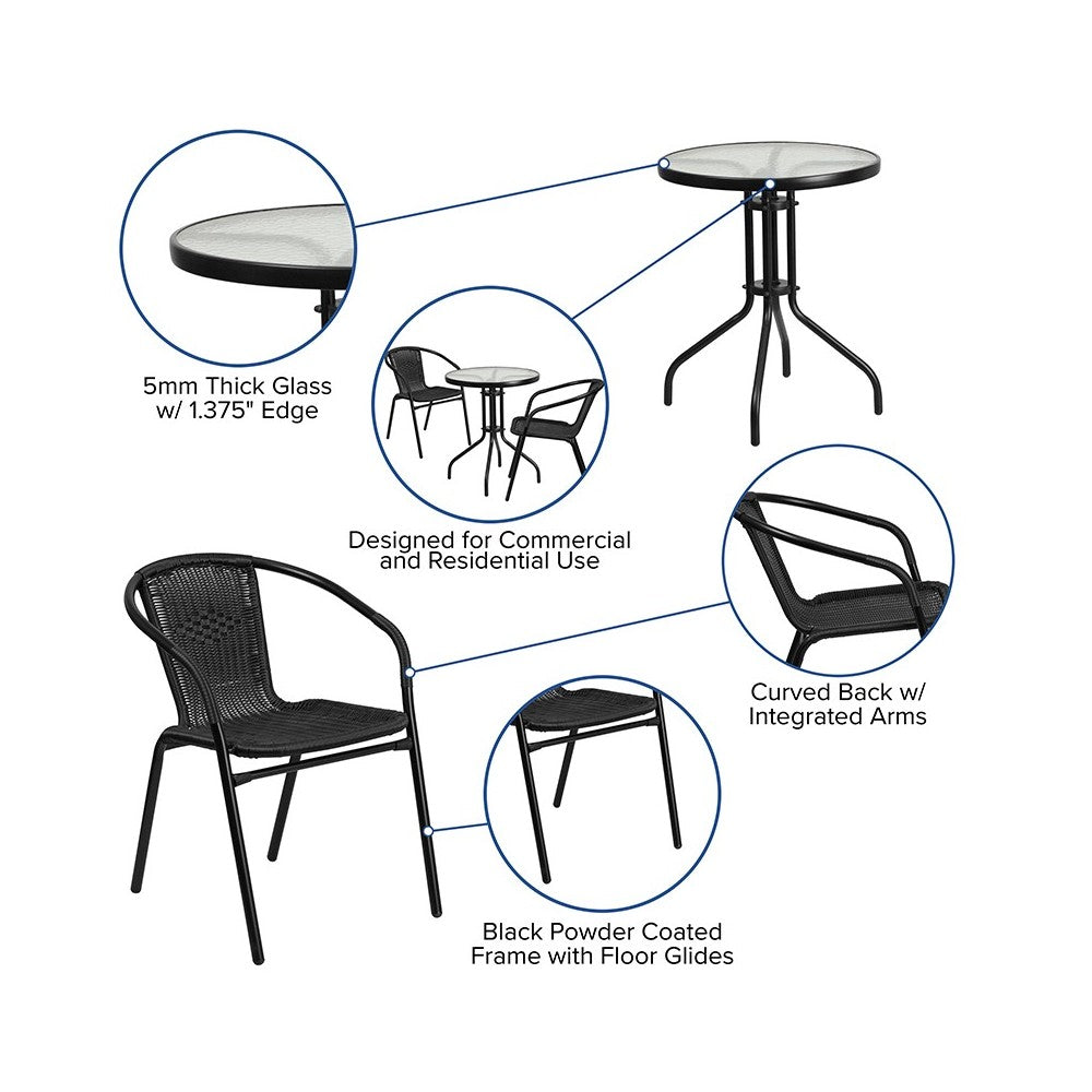 23.75'' Round Glass Metal Table with 2 Black Rattan Stack Chairs