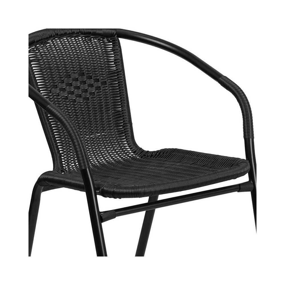 23.75'' Round Glass Metal Table with 2 Black Rattan Stack Chairs