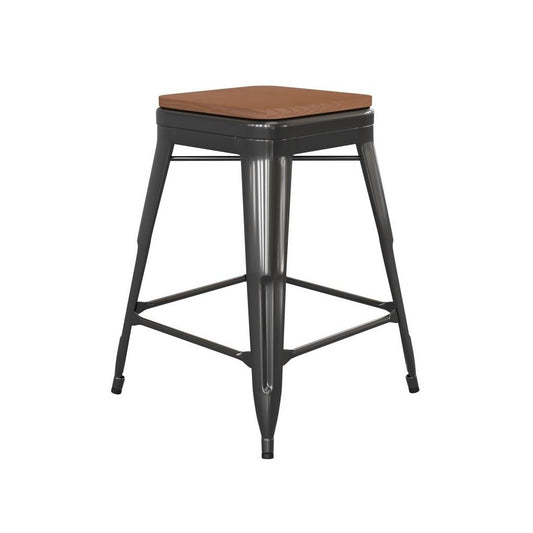 24" Black Stool-Teak Seat