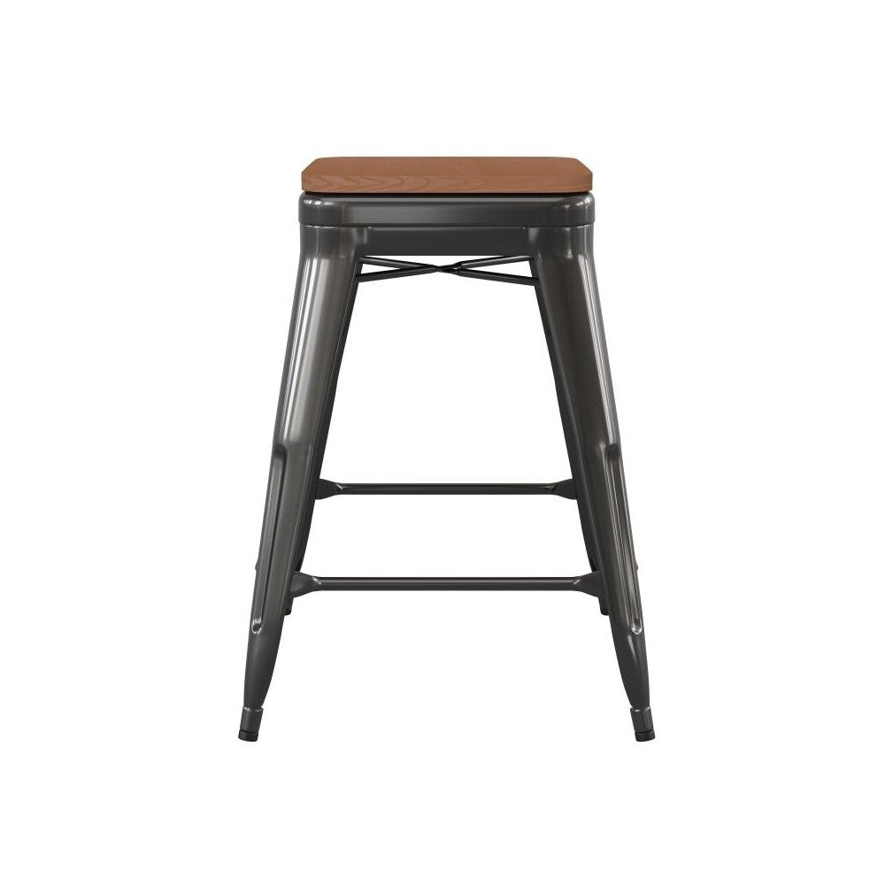 24" Black Stool-Teak Seat