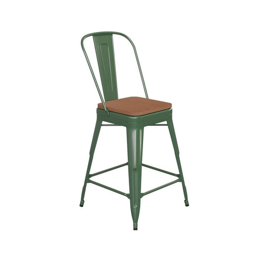 24" Green Metal Indoor-Outdoor Counter Height Stool-Teak Seat