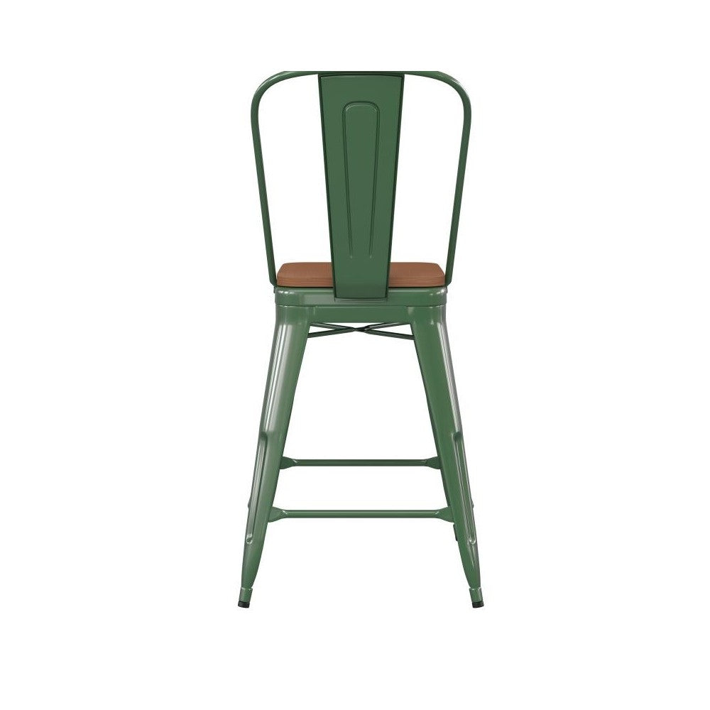 24" Green Metal Indoor-Outdoor Counter Height Stool-Teak Seat