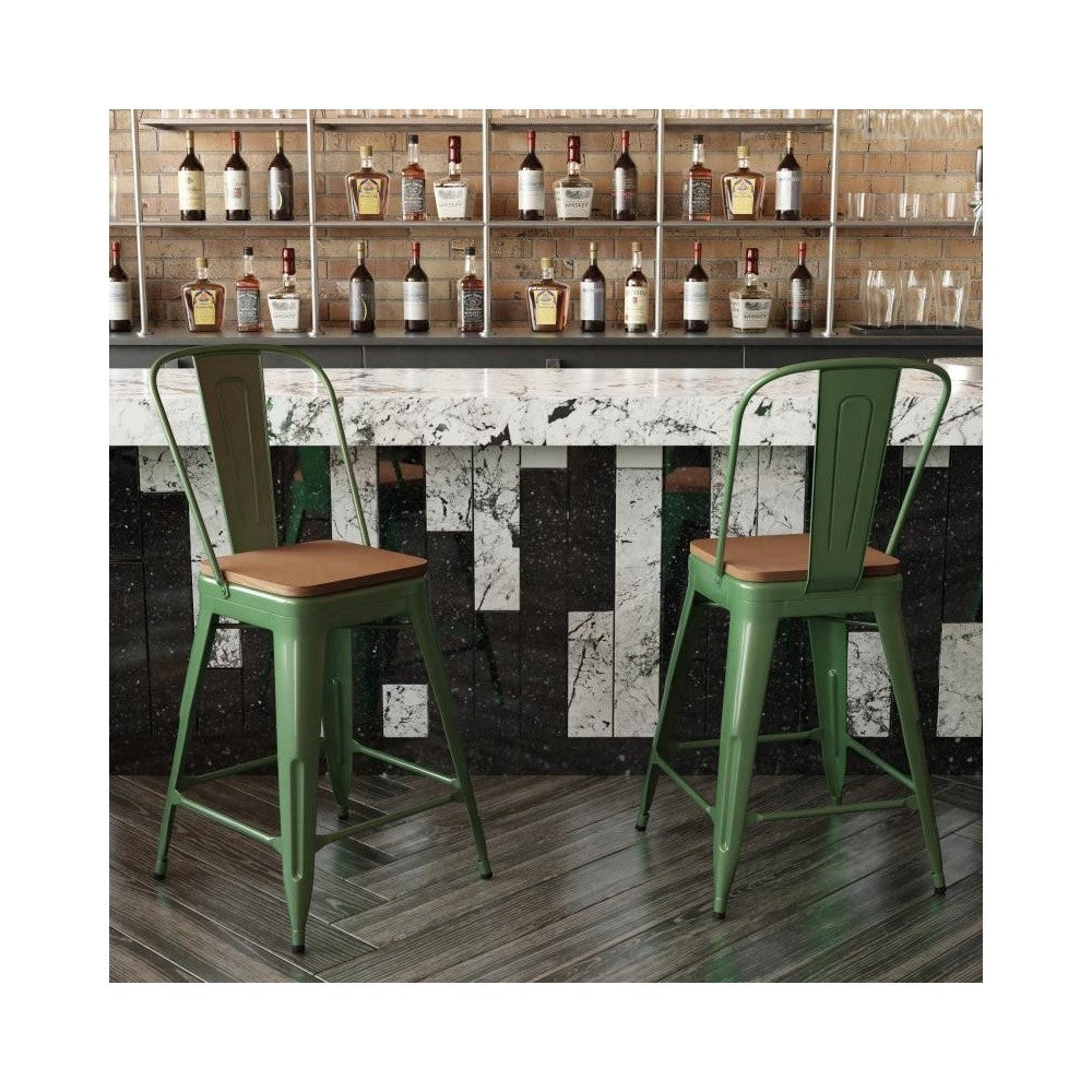 24" Green Metal Indoor-Outdoor Counter Height Stool-Teak Seat