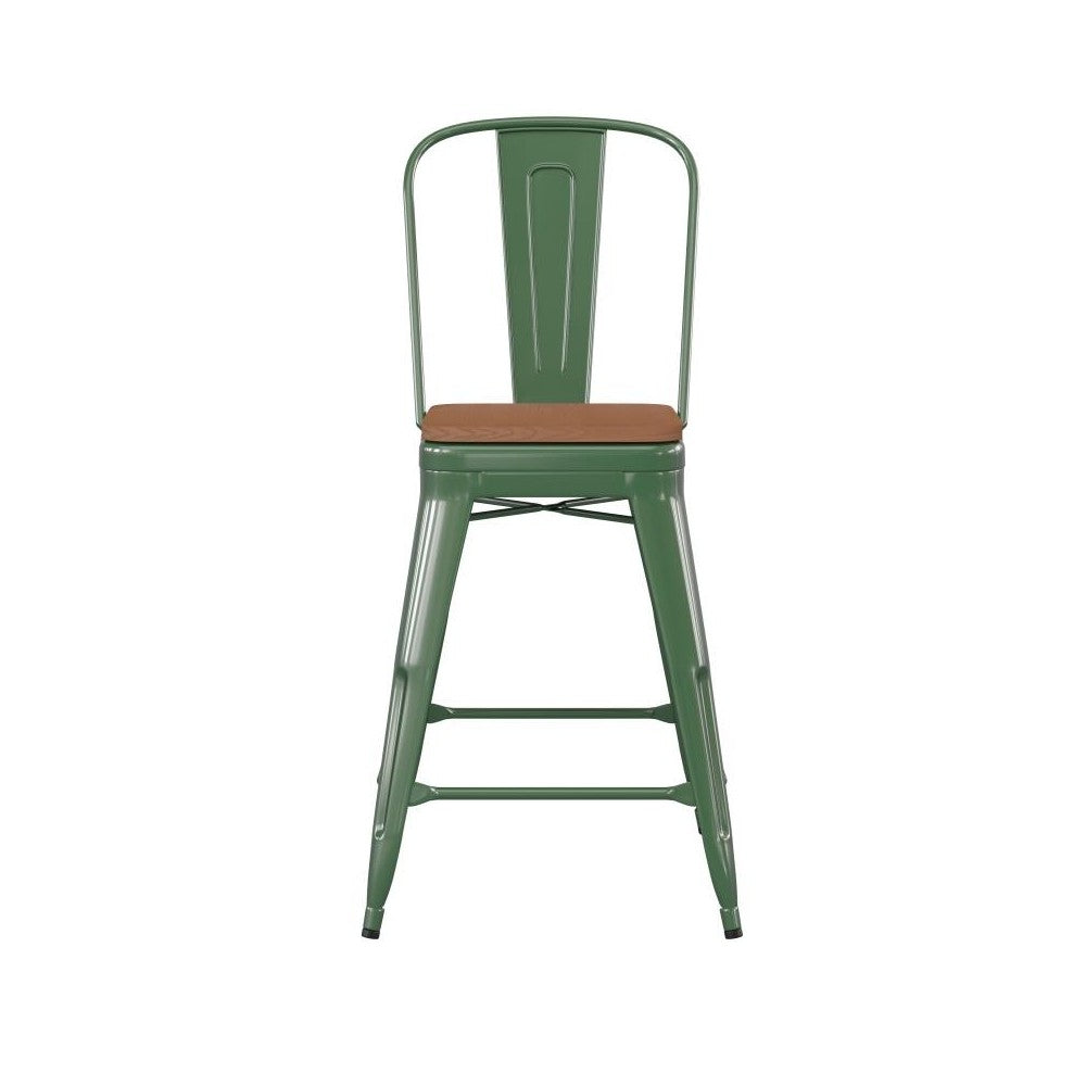 24" Green Metal Indoor-Outdoor Counter Height Stool-Teak Seat