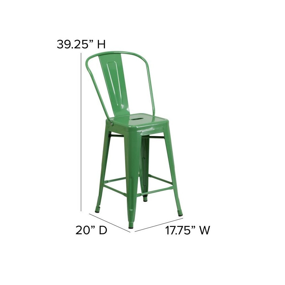 24" Green Metal Indoor-Outdoor Counter Height Stool-Teak Seat