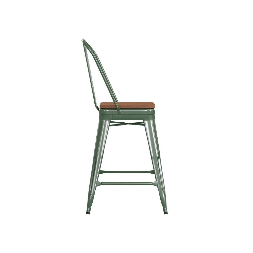 24" Green Metal Indoor-Outdoor Counter Height Stool-Teak Seat