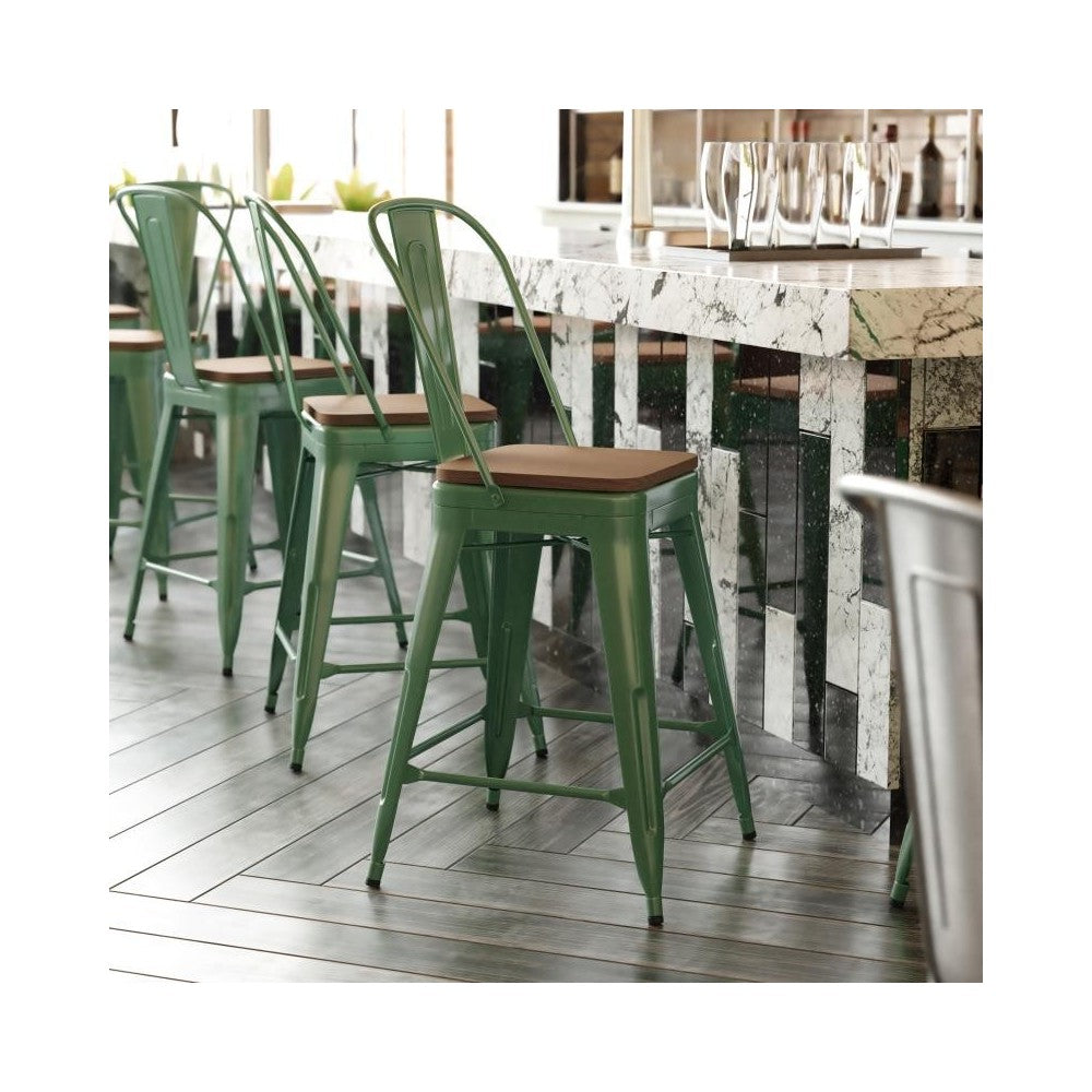 24" Green Metal Indoor-Outdoor Counter Height Stool-Teak Seat