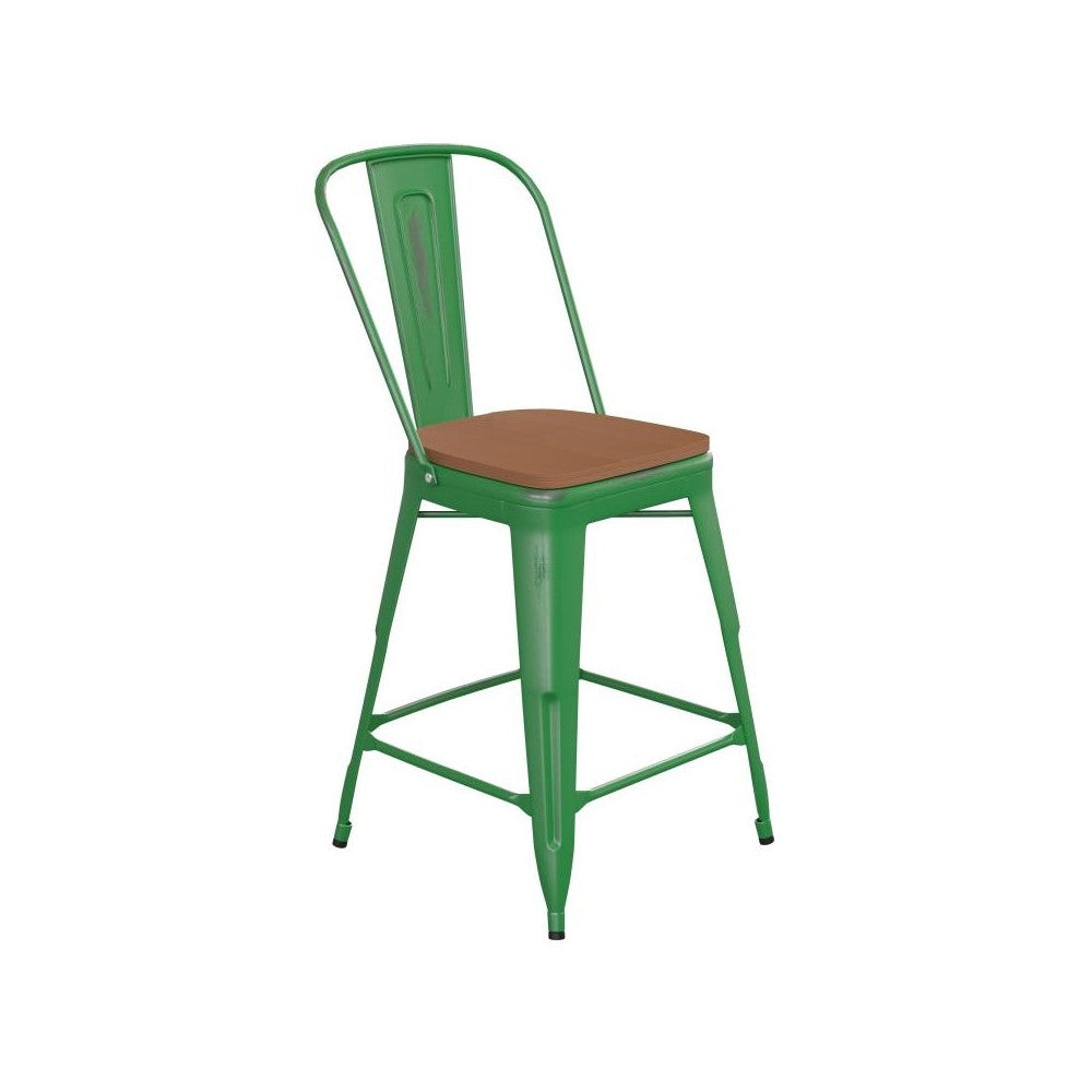 24" Green Metal Stool-Teak Seat