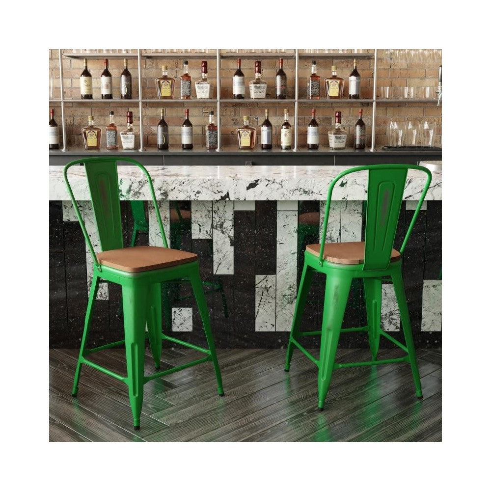 24" Green Metal Stool-Teak Seat