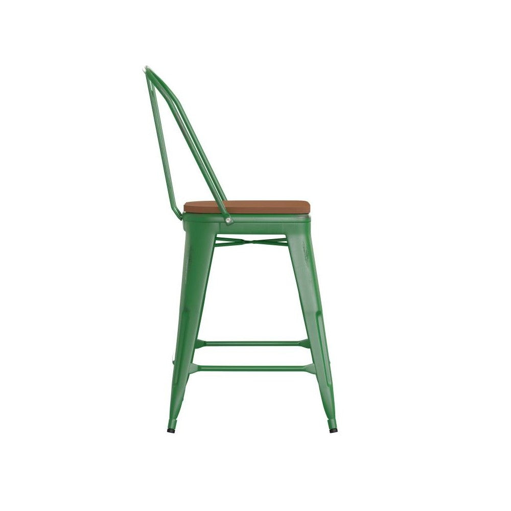 24" Green Metal Stool-Teak Seat