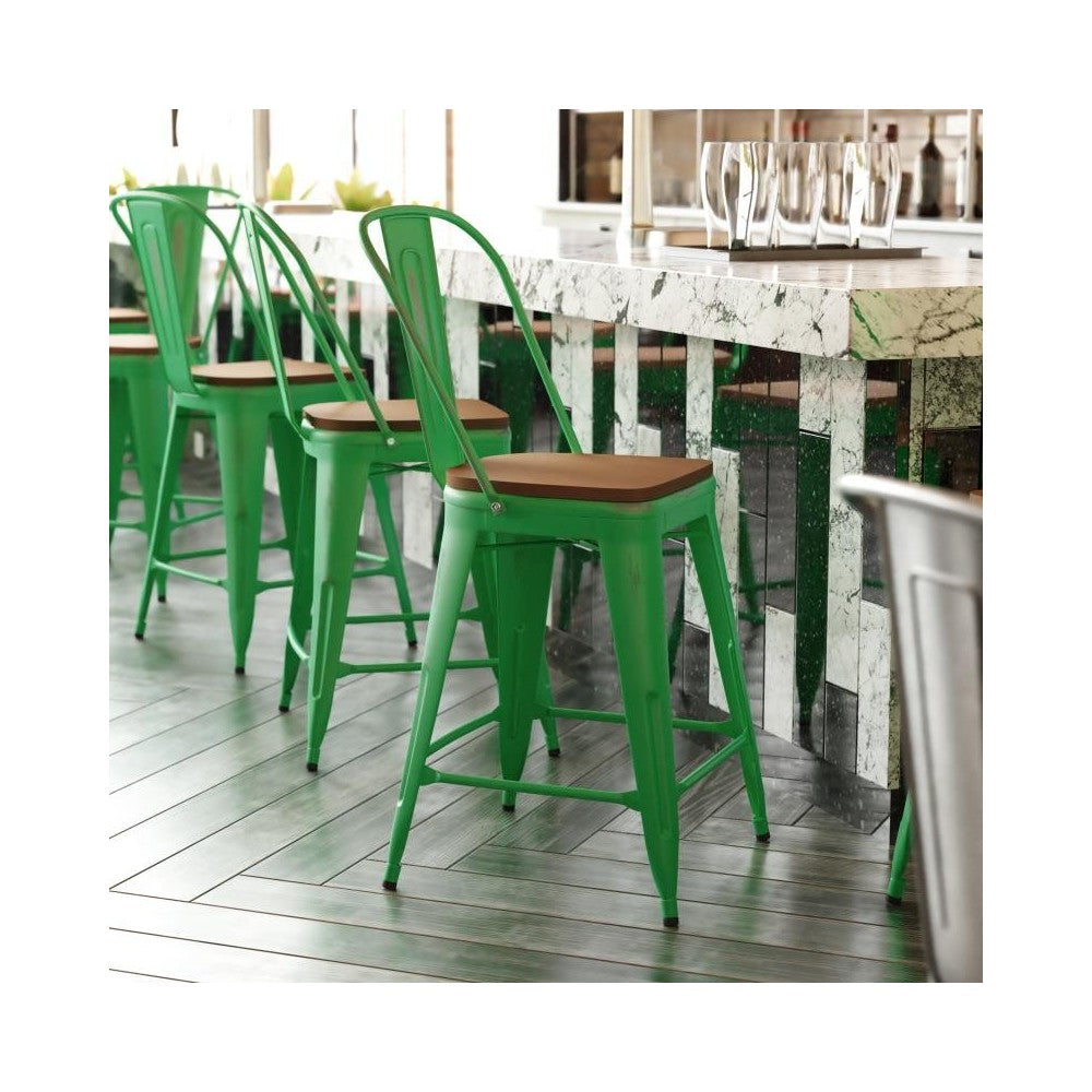 24" Green Metal Stool-Teak Seat