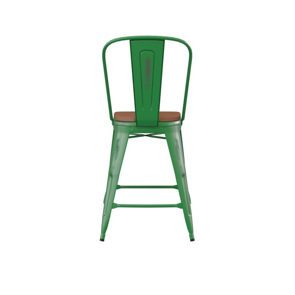 24" Green Metal Stool-Teak Seat