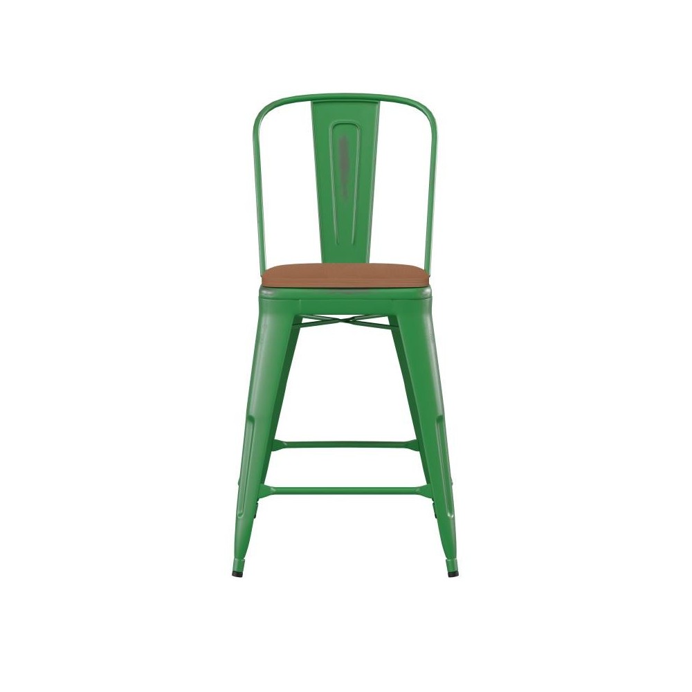 24" Green Metal Stool-Teak Seat