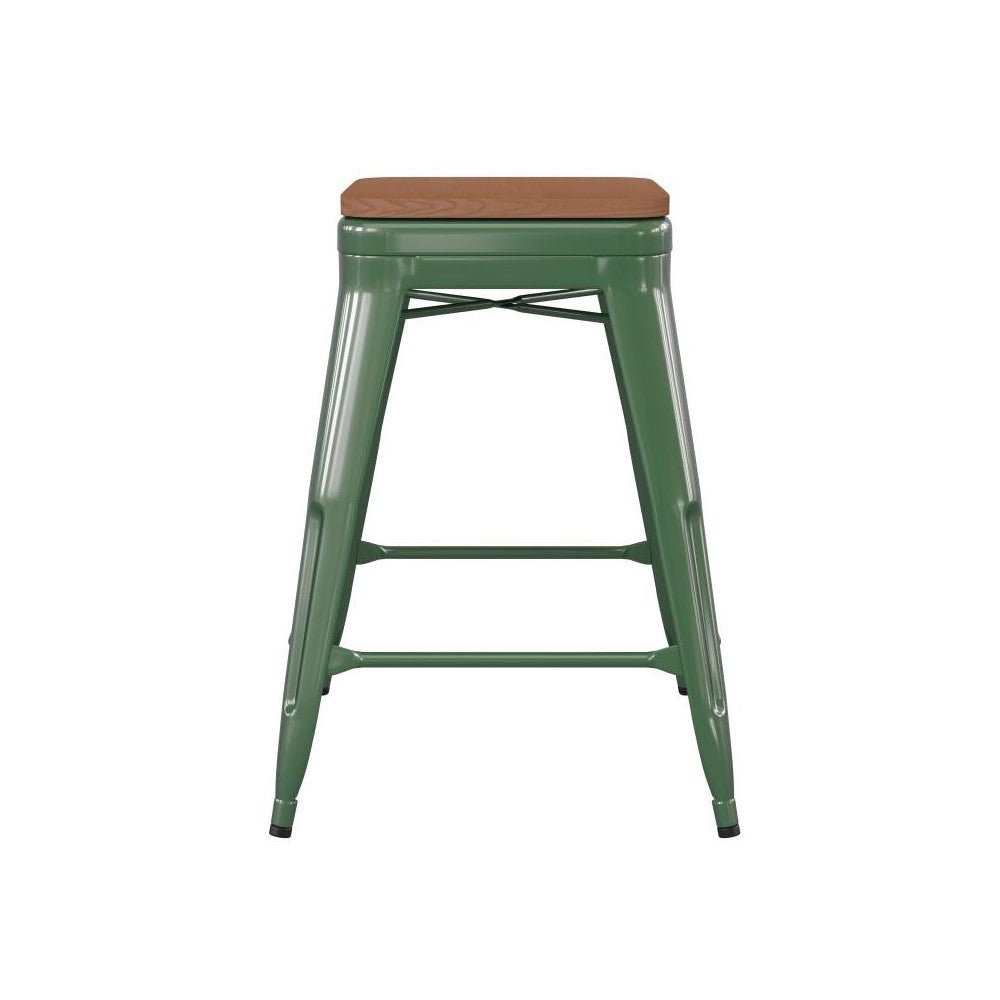 24" Green Stool-Teak Seat