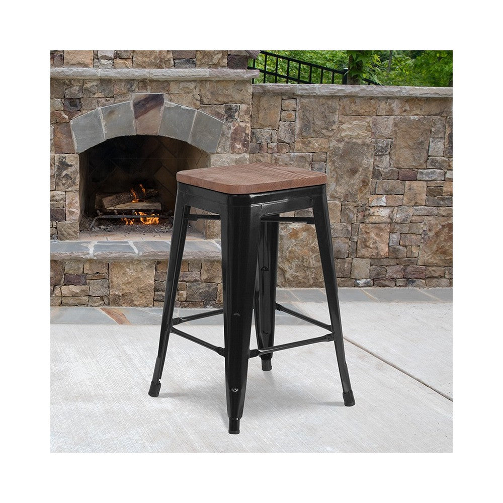 24" High Backless Black Metal Counter Height Stool with Square Wood Seat